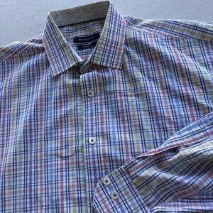 Bugatchi UOMO Men's Shirt L Long Sleeve Plaid Classic Fit 100% Cotton Embroidery